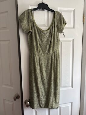 Vintage 50s Shimmer Olive Green Short Sleeve Cocktail Dress